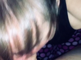 Friends mom sucking my cock and making happy noises when I cum in her mouth. Showing cum and swallow