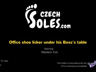 Office shoe licker under his Boss's table (shoe worship, high heels, foot worship, BIG office feet)