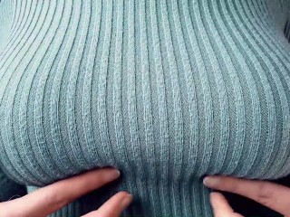 Big Tits, Playing, Teasing, in a Tight, Knitted Sweater