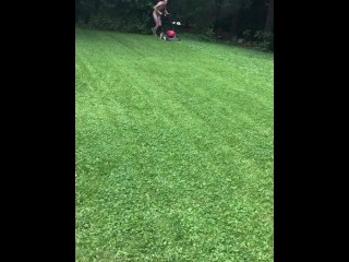 Mowing grass naked 