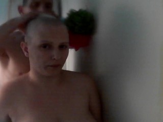 razor shave and cum on her bald head