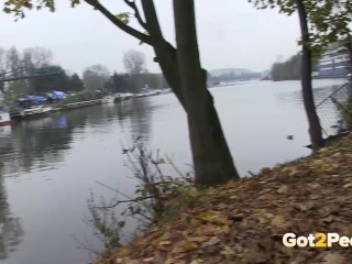 Brunette Friends Piss Together By River