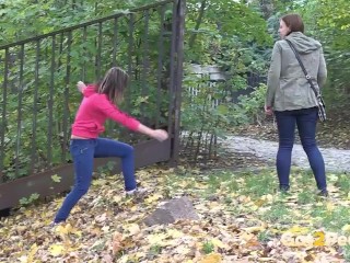 Brunette Friends Piss Together By River