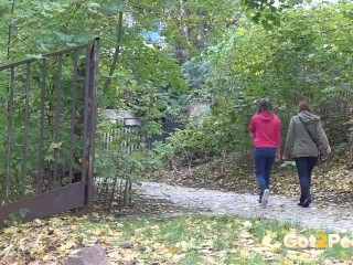 Brunette Friends Piss Together By River