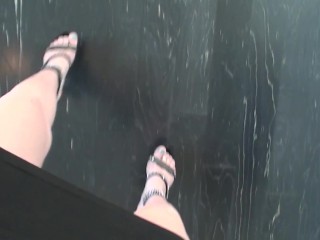 POV walking in platform stripper heels with blue toenail polish, toe rings and feet close ups
