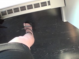 POV walking in platform stripper heels with blue toenail polish, toe rings and feet close ups