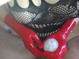 Handjob - Ruined fast 2 times in red latex gloves using tenga egg