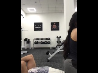 Sex in the gym locker room with people outside (checking workout results at the end) 