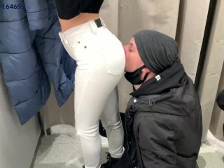 Public Femdom Humiliation Ass Worship, Pussy Worship and Spitting With Petite Princess Kira in Jeans