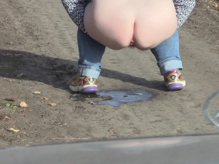 Pissing on the road in front of the car taking off panties mature bbw milf with a hairy pussy