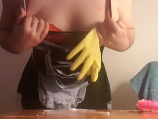 British Maid Crossdresser Playing With Sissy Tits and Twerking