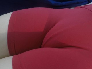 My red shorts hiding my tight pussy mound.