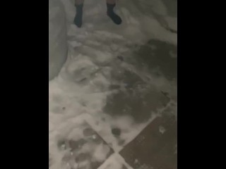 Wife exits hot tub in bikini, removed her bottoms to go pee in the snow in our backyard. Steamy piss