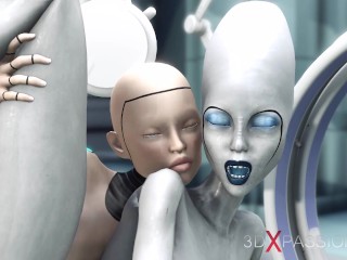 Alien lesbian sex in sci-fi lab. Female android plays with an alien