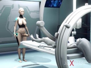 Alien lesbian sex in sci-fi lab. Female android plays with an alien