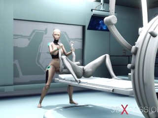 Alien lesbian sex in sci-fi lab. Female android plays with an alien