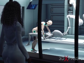 Alien lesbian sex in sci-fi lab. Female android plays with an alien