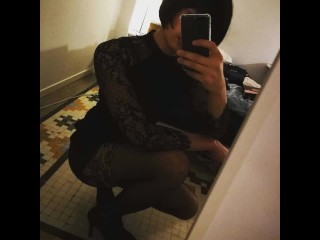 crossdresser in roommate clothes playing with cock and cumming