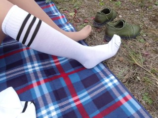 Schoolgirl in White Knee Socks changes socks tights pantyhose nylon under skirt