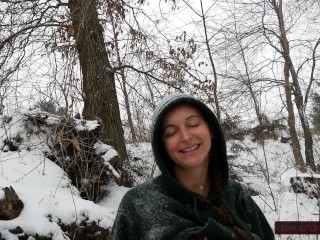 Outdoor Winter Fun: Playing With My Nipples and Hairy Pussy, I Squirt, Then Pee in the Snow