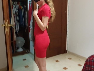 Try On - Flashing My Pussy In Sexy Tight Red Dress