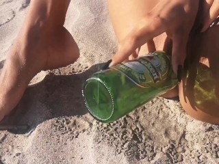 Lucky Heineken bottle found at the beach got into my Juicy Pussy. Do you like my pissed lingerie? 