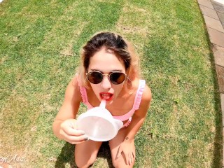 drinking pee by funnel liters of yellow pee in my mouth i love it, blowjob outdoor -aprilbigass-