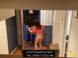 The girl shows her cute nice ass to the food delivery guy