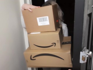Amazon delivery girl caught by surprise with nude jerking off guy, but she can't resist fucking him.