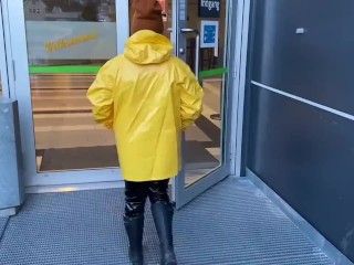 Amateur Public naked underneath my sexy shiny Rainwear