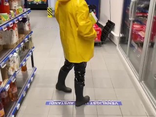 Amateur Public naked underneath my sexy shiny Rainwear