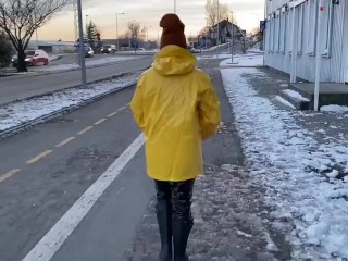 Amateur Public naked underneath my sexy shiny Rainwear