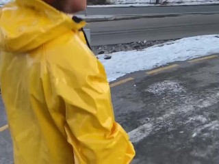 Amateur Public naked underneath my sexy shiny Rainwear