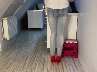 Desperate Pee in Jeans in Kitchen next He Pee on My Ass Tits and in Mouth