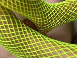 Black Girl in Fishnets Gives a White Cock a Footjob with Her Black Feet