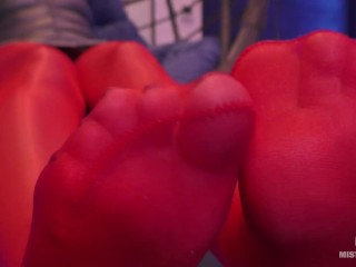 Toes Wiggling In Red Shiny Pantyhose