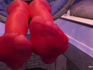 Toes Wiggling In Red Shiny Pantyhose