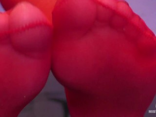 Toes Wiggling In Red Shiny Pantyhose