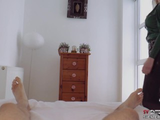 Hot redhead teases and sucks her boy toys cock and gives post orgasm handjob