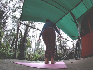 Yoga by my tent in the rain from harry potter pants and a christmas tee to panties and titties