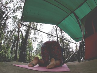 Yoga by my tent in the rain from harry potter pants and a christmas tee to panties and titties