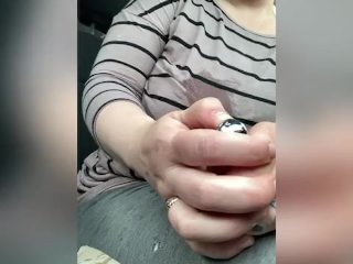 Driving while playing with milky tits & hairy pussy 