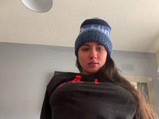 CUTE GIRL IN BEANIE AND ANKLE SOCKS GAGS ON COCK AND GETS DEEPSTROKED