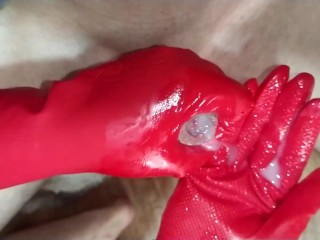 Cumming hard from my jerking off with rubber gloves POV