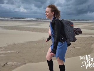 Risky public outdoor flashing & fucking my dildo on the beach