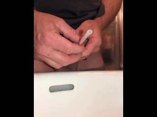 Pissing Through a Hollow Sound (clear plastic straw) - Sounding Pee Hole Play, pissing into the sink