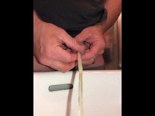 Pissing Through a Hollow Sound (clear plastic straw) - Sounding Pee Hole Play, pissing into the sink