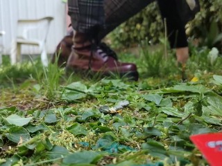 Your giantess crushes shrunken soldiers in the garden with these huge boots