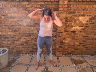 Getting my clothes soaked in piss by a petite slut | self jean piss | posing and undressing