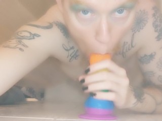 Rainbow Blowjob Horny Trans Queer Man Sucking Rainbow Dick POV Dildo Very Spitty